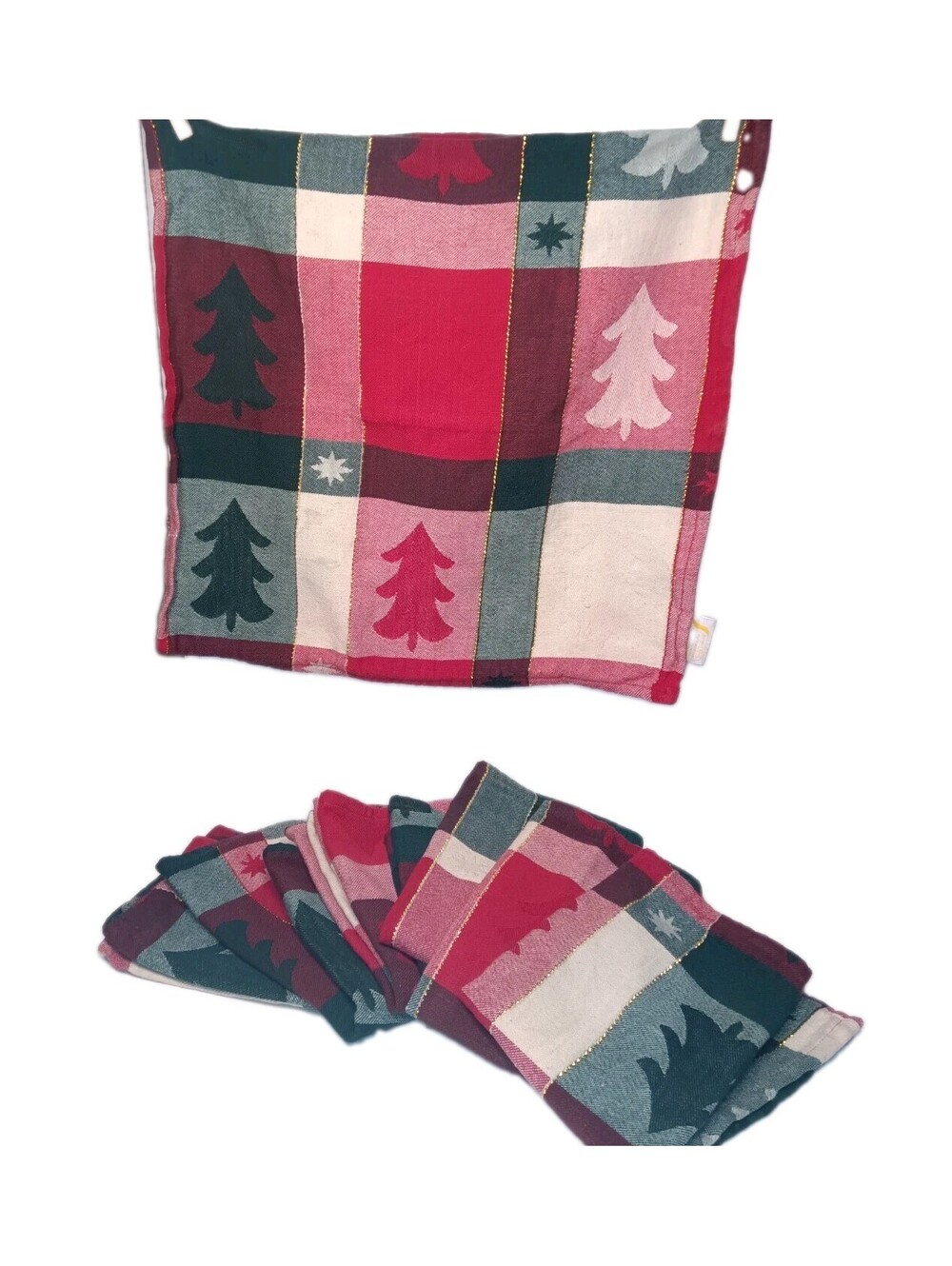 Vtg Cotton Patch Cottage Christmas Napkins Set of 8 Plaid Pine Tree Gold Tinsel